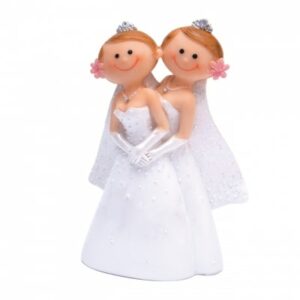 Figurine mariage deux mariées en robe blanche pour décoration de gâteau ou table de réception.
