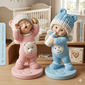 Figurine bébé baptême décorative en résine rose et bleu avec bonnet à oreilles pour décoration naissance et baby shower