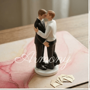Figurine mariage homme couple en costume noir et gris s'embrassant pour décoration gâteau et table de mariage