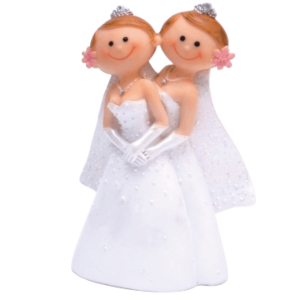 Figurine mariage femme couple en robe blanche avec diadèmes et bouquets roses pour décoration gâteau et table de mariage