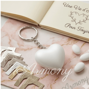 porte-clés cœur blanc élégant pour mariage et baptême