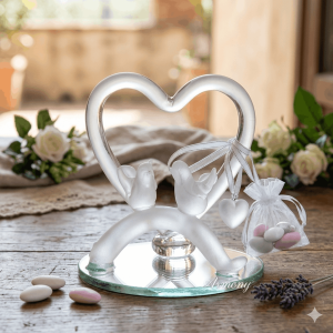 support dragées miroir coeur avec oiseaux en verre décoration mariage