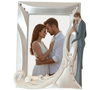 Cadre photo mariage romantique avec couple de mariés décoratif argenté et strass